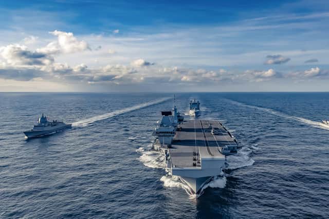 Norwegian anti-submarine frigate HNoMS Thor Heyerdahl joined the UK's carrier strike group as it transits east across the Atlantic following deployment to the USA. The frigate joined HMS Queen Elizabeth, fellow submarine hunter HMS Northumberland and tanker RFA Tideforce. This image was part of the winning selection by Photographer of the Year Leading Photographer Kyle Heller.