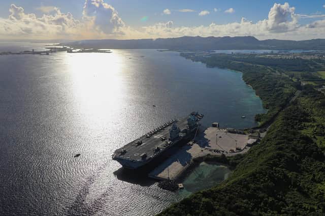 HMS Queen Elizabeth arrives in Guam. Picture: HMS Queen Elizabeth/ Royal Navy via Twitter