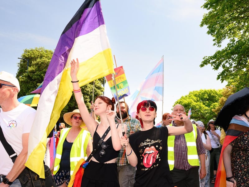 Pictured is: young people flying flags in the parade.

Picture: Keith Woodland