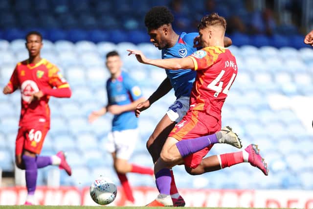 Ellis Harrison scores for Pompey in a comfortable 3-1 win over Norwich under-21s in the Leasing.com Trophy earlier this season. Picture: Joe Pepler