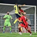 Theo Lewis heads Gosport into a first half lead against Winchester. Picture: Tom Phillips