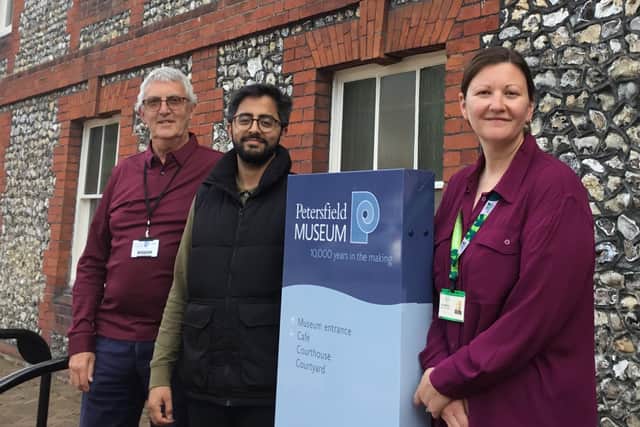 EHDC Cllr Adeel Shah and Community Development Officer Lucy Whittle visited Petersfield Museum and Art Gallery. They are pictured with Jeremy Mitchell, Fundraising Trustee