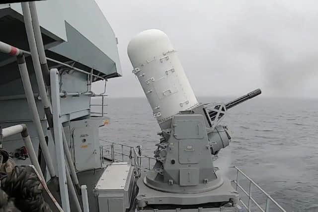 The Phalanx gun onboard HMS Queen Elizabeth firing a salute to the Queen last month. Photo: Twitter/HMS Queen Elizabeth