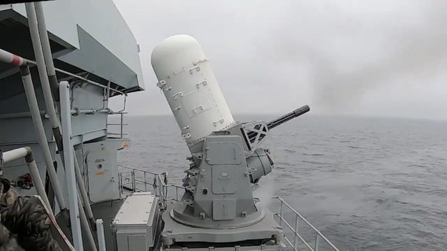 The Phalanx gun onboard HMS Queen Elizabeth firing a salute to the Queen last month. Photo: Twitter/HMS Queen Elizabeth