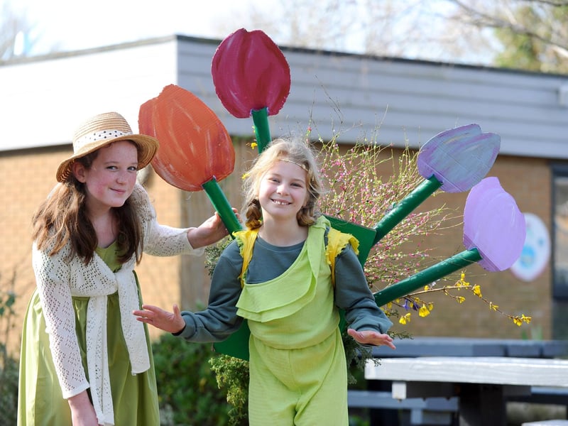 Gomer Junior School in Gosport, dressed as their favourite book characters, baked caked and took part in online quizzes to mark World Book Day.Pictured is: (l-r) Eden Vignolles (10) and Tilly Blowers (10) from The Secret Garden.Picture: Sarah Standing (070324-6427)