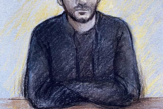 Court artist sketch by Elizabeth Cook of Jaswant Singh Chail, from Southampton, appearing via video link at Westminster Magistrates' Court, in London, where he is charged under the Treason Act after he was arrested while allegedly carrying a crossbow in the grounds of Windsor Castle "with intent to injure" the Queen on Christmas Day, 2021. Picture date: Wednesday August 17, 2022.:L: Court artist sketch by Elizabeth Cook of Jaswant Singh Chail, from Southampton, appearing via video link at Westminster Magistrates' Court, in London, picture date Wednesday August 17, 2022. R: A guard on duty as Buckingham Palace. Picture: Elizabeth Cook/Dominic Lipinski/PA