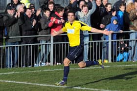 Tim Sills celebrates one of his two goals in Gosport Borough 2014 FA Trophy semi-final second-leg win over Hawks at Privett Park. Picture: Paul Jacobs (14568-26)