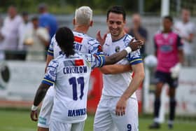 Jason Prior is congratulated after a goal at AFC Totton last night. Picture by Kieron Louloudis.