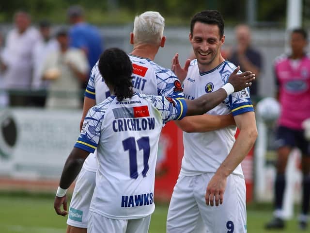 Jason Prior is congratulated after a goal at AFC Totton last night. Picture by Kieron Louloudis.