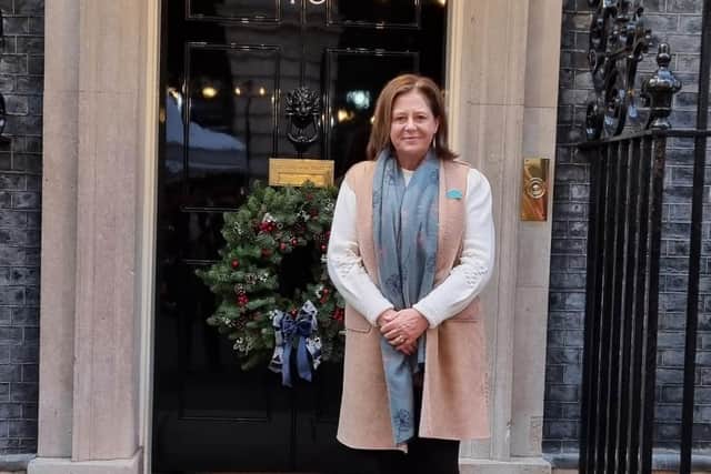 Susan Bonnar, of Lee-on-the-Solent and owner of The British Craft House, outside number 10 Downing Street.
