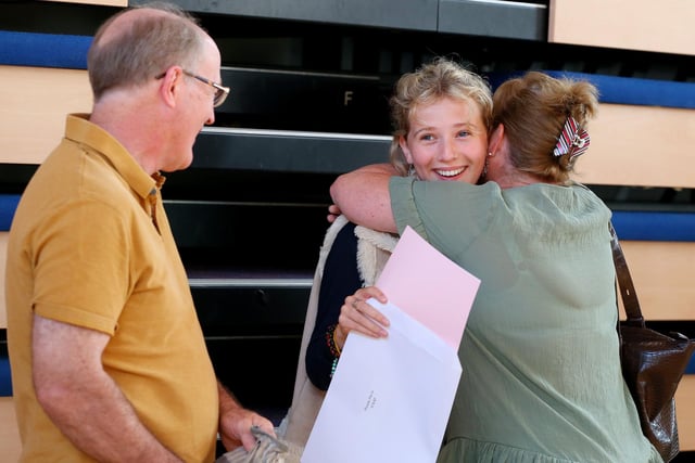 Phoebe Harris is congratulated by her parents Tracy and Ian at Portsmouth High School, Southsea 
Picture: Chris Moorhouse (jpns 180822-01)