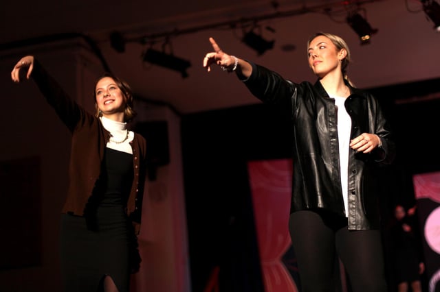Tabitha Bromfield, 16 and Daisy Cole, 17, on the fashion show's catwalk.