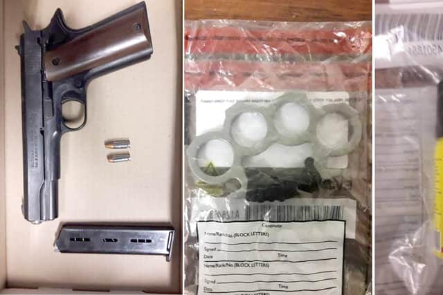 Charlie Watts was jailed for being caught with a firearm, ammunition and weapons
Pictured: The weapons were shown in court