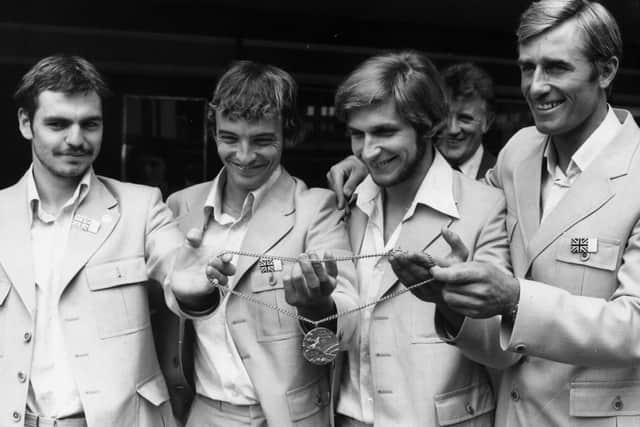 3rd August 1976: From left to right, Olympic pentathletes Danny Nightingdale, Adrian Parker, Andy Archibald and Sergeant Jim Fox return in triumph from the Montreal Olympics, where they won the team gold medal in the Modern Pentathlon. (Photo by David Ashdown/Keystone/Getty Images)