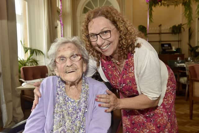 Emma Smith from Portsmouth, celebrated her 105th birthday at The Queens Hotel in Southsea, with afternoon tea on Monday, July 31. Pictured is: Emma Smith with her granddaughter cllr. Suzy Horton. Picture: Sarah Standing (310723-7308)