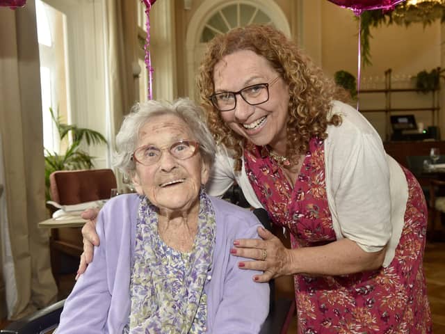 Emma Smith from Portsmouth, celebrated her 105th birthday at The Queens Hotel in Southsea, with afternoon tea on Monday, July 31. Pictured is: Emma Smith with her granddaughter cllr. Suzy Horton. Picture: Sarah Standing (310723-7308)
