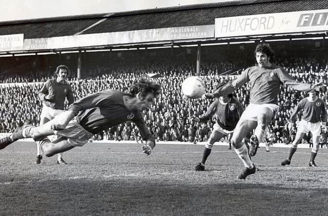 Ray Hiron scored his 100th Pompey goal against Nottingham Forest in February 1973 - captured in this iconic photo