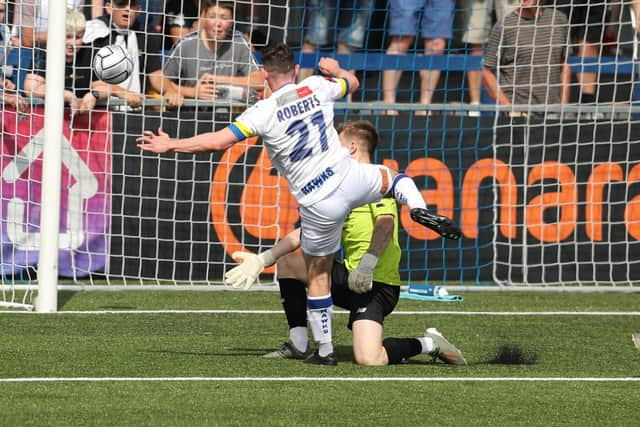 James Roberts scores on his NL South debut for Hawks against Welling in August. Picture: Dave Haines.