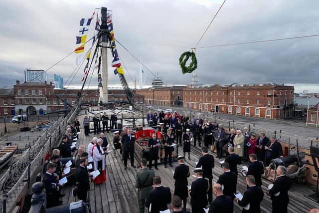 Royal Navy personnel and guests on board HMS Victory in Portsmouth as they take part in a ceremony to mark the 216th anniversary of the Battle of Trafalgar. Picture : Andrew Matthews/PA Wire