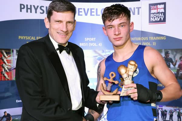 HMS Sultan Boxing Dinner Show:Pictured left to right: Mr Dean Scales & best boxer of the night ETME Harvey