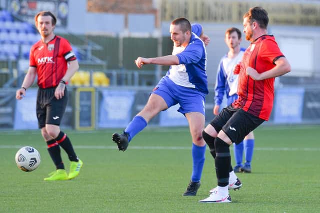 Jack Hunt of Rowner fires in a shot against Horndean United. Pic: Martyn White.