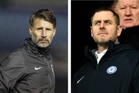 Pompey boss Danny Cowley, left, and Peterborough chairman Darragh MacAnthony