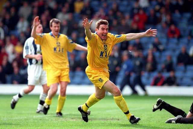 John Durnin celebrates the first of his two Pompey goals in a 2-2 draw at West Brom in April 1999. Picture: Pete Langdown