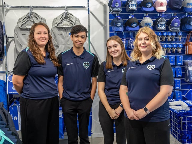 Staff ready for the opening of the new Pompey Store in Gunwharf Quays. Pictured: Shop manager Laura Conway (33), Shaun Wellgreen (18), Emily Edwards (21) and Claire Worrall (36). Picture: Mike Cooter (011124)