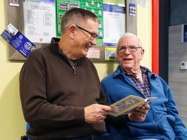 Resident Malc Wooldridge (right) discusses Pompey’s past with Alan Knight MBE on the ex-Fratton Park seats in their football corridor at Admiral Jellicoe House. / Picture by Sam Taylor.