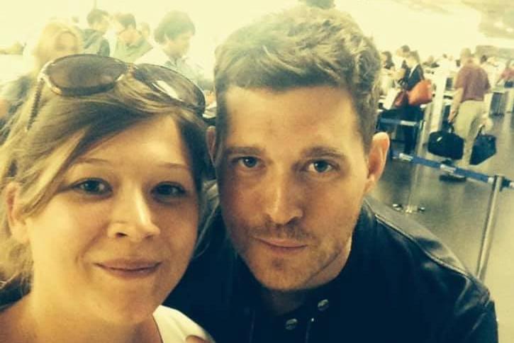Kimberley Villa with Micheal Bublé in Venice Airport. The singer ushered Kimberley over after spotting her trying to take a photo of him from behind a pillar!
