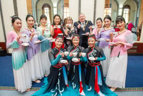 Lord Mayor Coffee Morning with Portsmouth Chinese Association to celebrate Chinese Ney Year on Wednesday 2 February 2022.Pictured: Lord Mayor, Frank Jonas with Lady Mayoress, Joy Maddox and the Portsmouth Chinese Association Dancers at the Portsmouth GuildhallPicture: Habibur Rahman