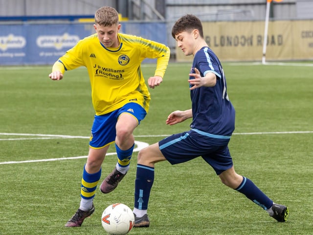 Action from the Under-16 Arthur Hughes Challenge Cup final between Meon Milton Awfords (yellow shirts) and Pickwick Youth Panthers. Picture: Mike Cooter