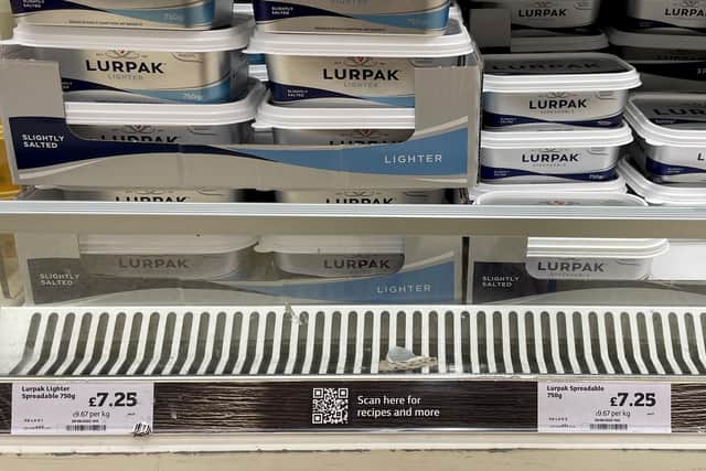 Packs of Lurpak at £7.25 on the shelves at  Sainsbury's as Boris Johnson has ordered ministers to hold regular press conferences on efforts to counter the rising cost of living.