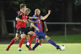 Tom Jeffes (maroon/blue) was deployed in a striking role from the start for the first time this season at Portchester in midweek.
Picture: Chris Moorhouse