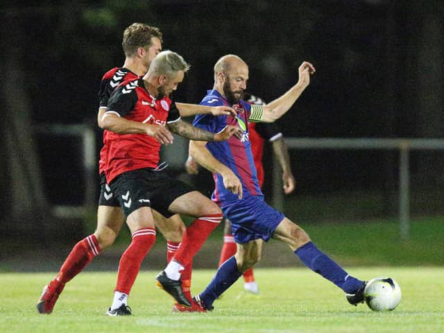 Tom Jeffes (maroon/blue) was deployed in a striking role from the start for the first time this season at Portchester in midweek.
Picture: Chris Moorhouse