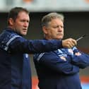 Former Pompey striker and Crawley assistant Lee Bradbury with boss John Yems.