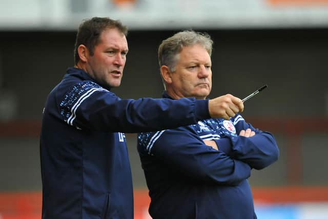 Former Pompey striker and Crawley assistant Lee Bradbury with boss John Yems.