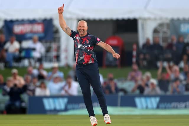 Darren Stevens celebrates dismissing D'Arcy Short with his first ball. Photo by James Chance/Getty Images.