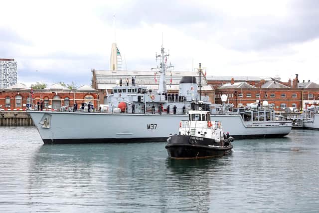 HMS Chiddingfold departs from Portsmouth Naval Base to begin a two-year stint in the Gulf. Photo: Royal Navy