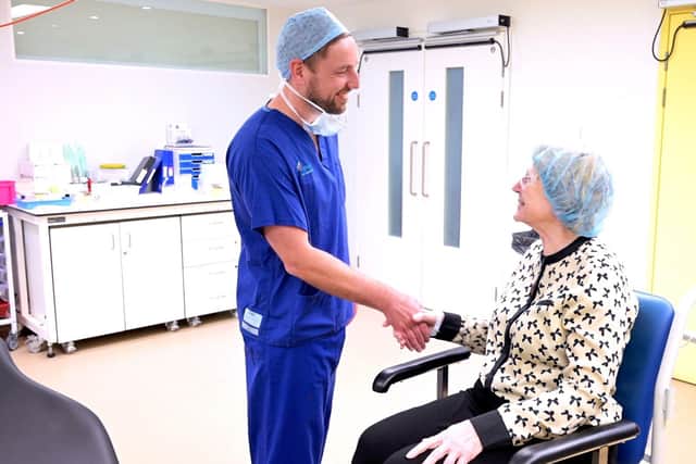Optegra Medical Director Mr Alastair Stuart with Maria Walmsey, from Waterlooville,  after her surgery