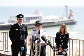 Assistant Chief Constable Rachel Farrell (centre) during a press conference at Bournemouth International Centre after a 17-year-old-boy and a girl aged 12 sustained "critical injuries" on Wednesday, and later died in hospital  following the incident off Bournemouth beach in Dorset. 
Picture date: Thursday June 1, 2023. PA Photo.  
Photo credit: Andrew Matthews/PA Wire