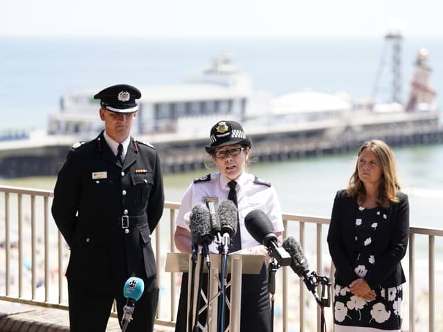 Assistant Chief Constable Rachel Farrell (centre) during a press conference at Bournemouth International Centre after a 17-year-old-boy and a girl aged 12 sustained "critical injuries" on Wednesday, and later died in hospital  following the incident off Bournemouth beach in Dorset. 
Picture date: Thursday June 1, 2023. PA Photo.  
Photo credit: Andrew Matthews/PA Wire