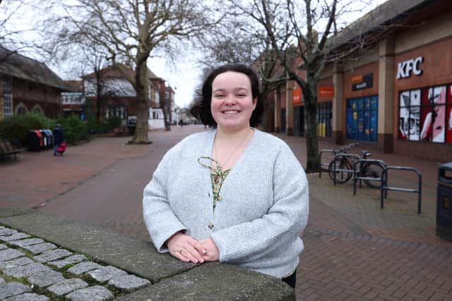 Georgia Browne, 21, thinks Gosport has gone down hill since her childhood and has compiled a list of changes she feels could save the town. She is pictured in Gosport High Street.
1st January 2023
Photograph by Sam Stephenson.