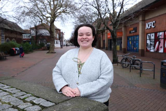 Georgia Browne, 21, thinks Gosport has gone down hill since her childhood and has compiled a list of changes she feels could save the town. She is pictured in Gosport High Street.

1st January 2023

Photograph by Sam Stephenson.