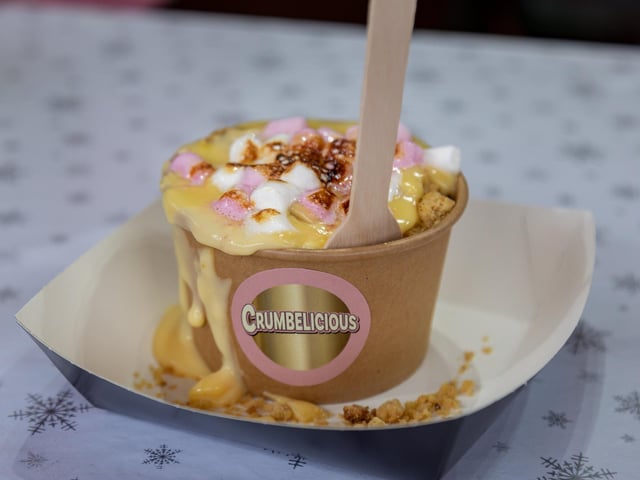Apple and cinnamon crumble with toasted marshmallows. Picture: Mike Cooter (181123)