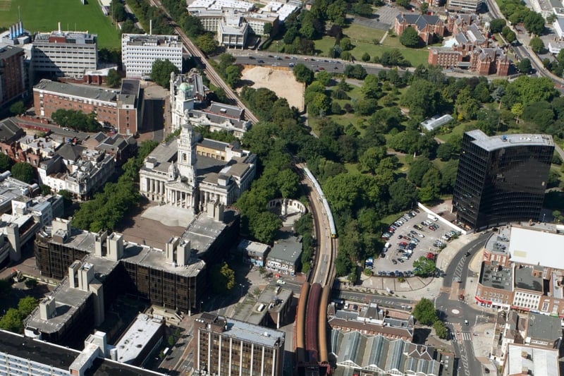 A modern aerial view of the Guildhall and Square August 2018.