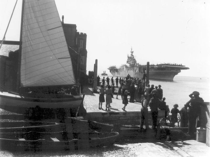 Portsmouth harbour entrance with an aircraft carrier somewhere between 1937 - 1940