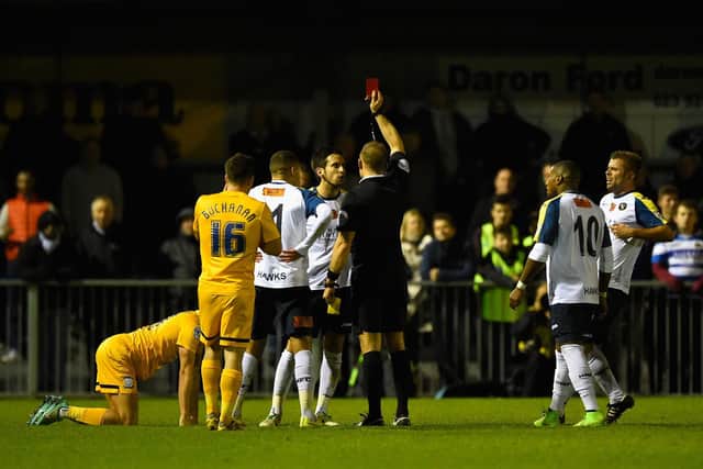 Brian Stock is sent off as Hawks crash 3-0 at home to Preston North End in 2014/15. Photo by Mike Hewitt/Getty Images.