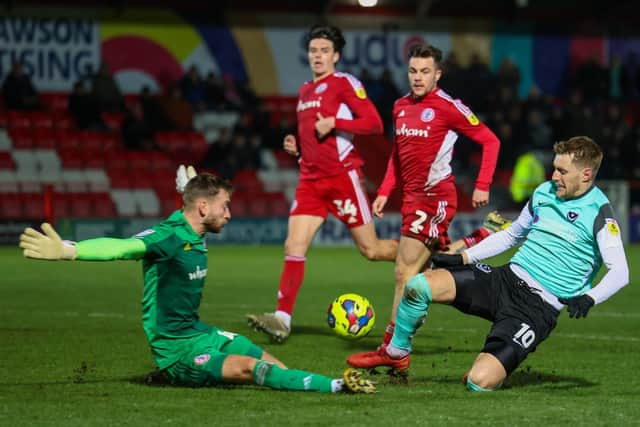 Joe Pigott was sent off for this challenge on Accrington goalkeeper Toby Savin on Tuesday night