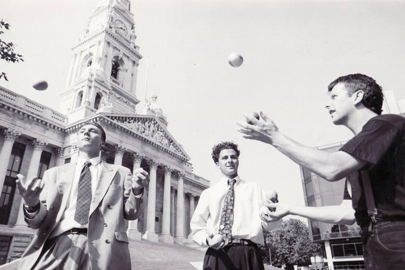 Teenagers learning to juggle outside the Portsmouth Guildhall on August 28 1990. The News PP3662